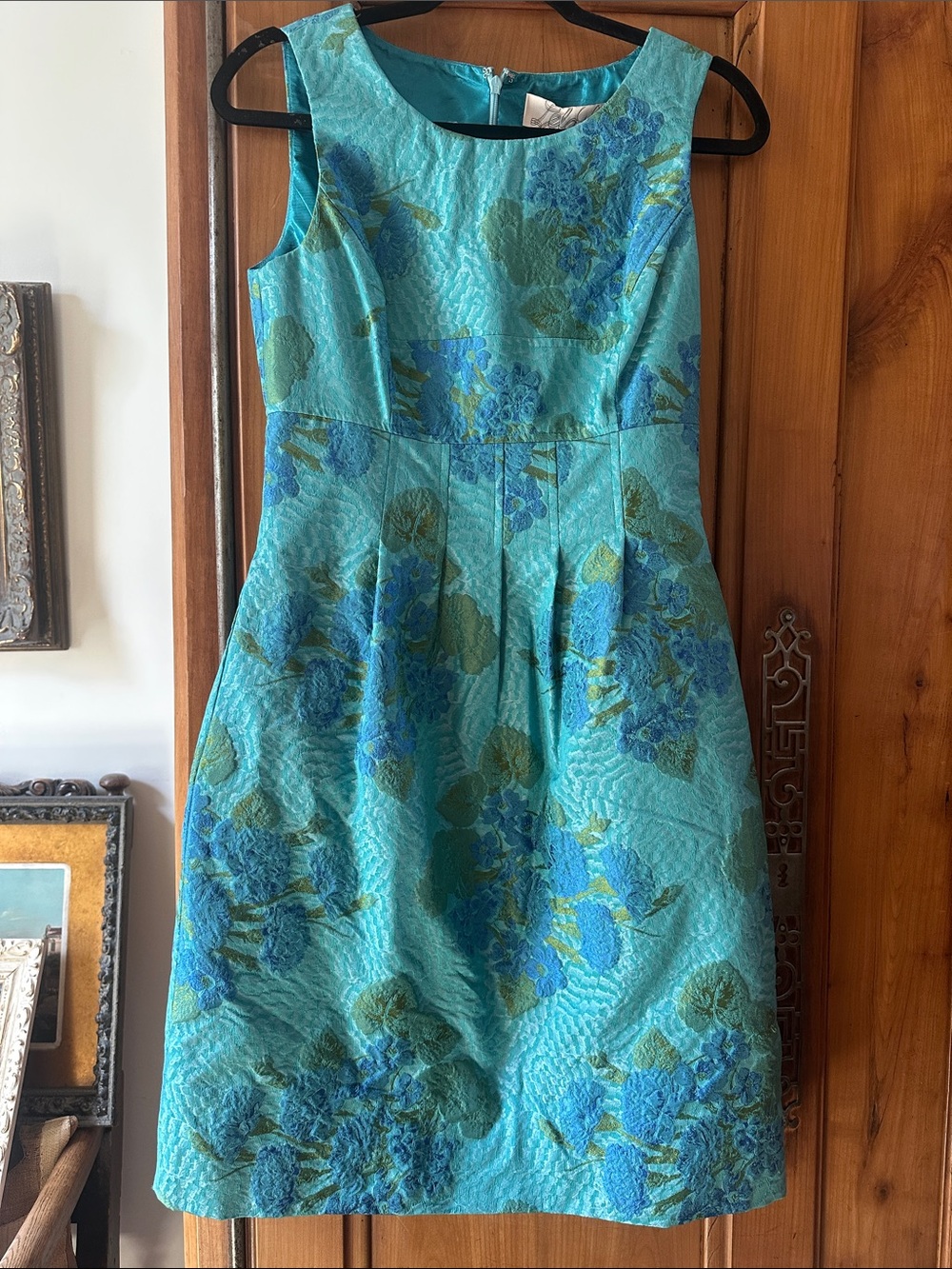 Lela Rose dress couture jaquard Sleeveless shift Blue hydrangea